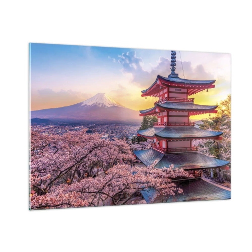 Impression sur verre - Image sur verre - Une pagode dans un paysage japonais surplombant le mont Fuji et des arbres en fleurs - 100x70cm - Essence d'âme japonnaise - Décoration murale moderne pour le salon et la chambre ARTTOR