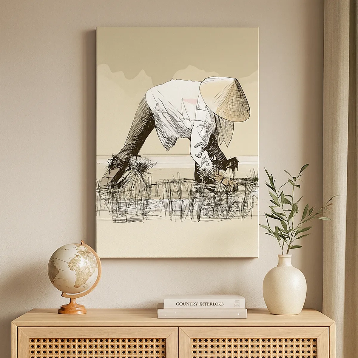 Impression sur toile - Image sur toile - Des agriculteurs travaillant dans une rizière portant des coiffures traditionnelles - 50x70cm - Récolte réussie - Décoration murale moderne pour le salon et la chambre ARTTOR