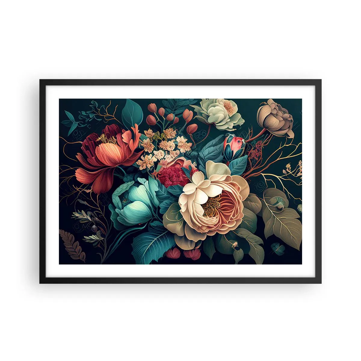Affiche dans un cadre noir - Poster - Une composition colorée de fleurs sur un fond sombre - 70x50cm - le charme du 19ème siècle - Décoration murale moderne pour le salon et la chambre ARTTOR