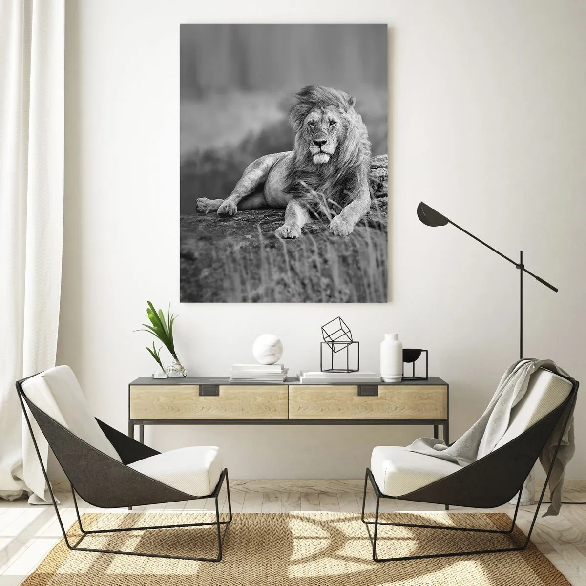 Impression sur verre - Image sur verre - Lion reposant sur un rocher dans un style monochrome - 70x100cm - Sieste royale - Décoration murale moderne pour le salon et la chambre ARTTOR