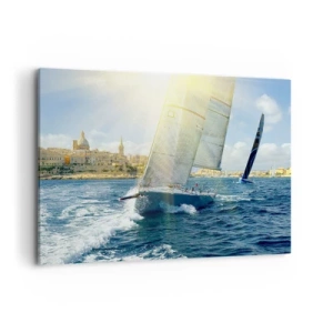 Impression sur toile - Image sur toile - Course de yachts sur fond de côte ensoleillée - 120x80cm - Il est temps de quitter la ville - Décoration murale moderne pour le salon et la chambre ARTTOR