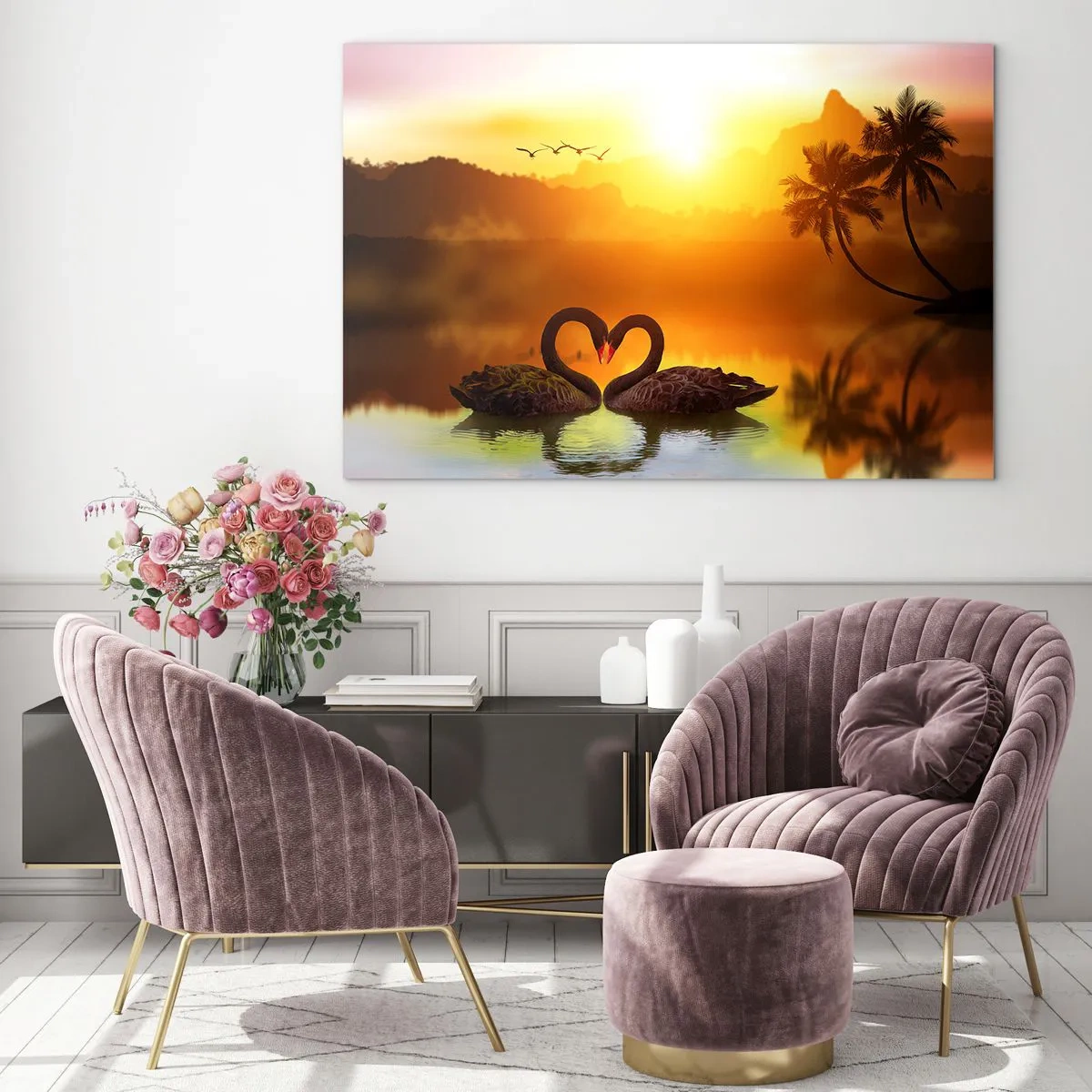 Impression sur verre - Image sur verre - Cygnes noirs sur le lac au coucher du soleil - 120x80cm - Tout va ensemble - Décoration murale moderne pour le salon et la chambre ARTTOR