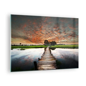 Impression sur verre - Image sur verre - Pont en bois sur la rivière au coucher du soleil - 70x50cm - Étendez vos bras - respirez - Décoration murale moderne pour le salon et la chambre ARTTOR
