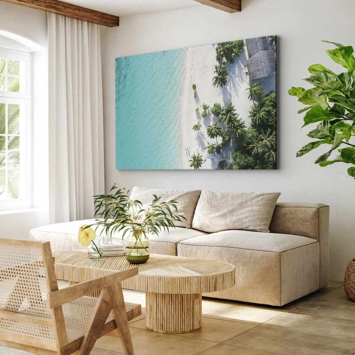 Impression sur toile - Image sur toile - Vue plongeante sur une plage tropicale avec de l'eau turquoise et des palmiers - 70x50cm - Vacances au paradis - Décoration murale moderne pour le salon et la chambre ARTTOR
