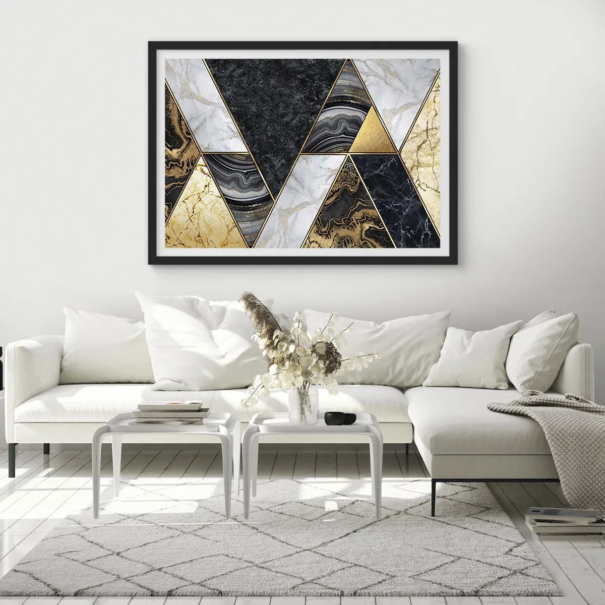 Affiche dans un cadre noir - Poster - Triangles géométriques en or, marbre et nuances sombres - 100x70cm - Pierre après pierre - Décoration murale moderne pour le salon et la chambre ARTTOR
