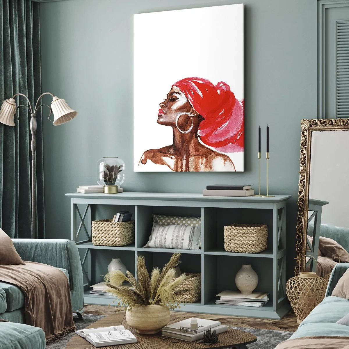 Impression sur toile - Image sur toile - Profil d'une femme avec un turban rouge et des boucles d'oreilles - 50x70cm - "Les cheveux dans le vent" - Décoration murale moderne pour le salon et la chambre ARTTOR