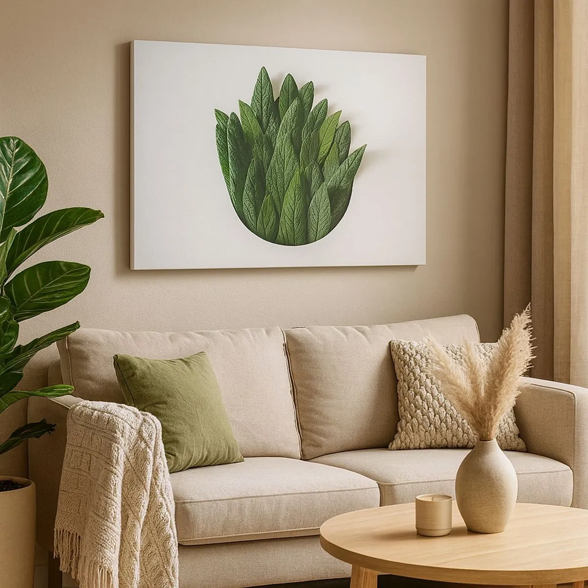 Impression sur toile - Image sur toile - Une composition de feuilles vertes sur un fond clair - 70x50cm - Curiosité sans retenue - Décoration murale moderne pour le salon et la chambre ARTTOR