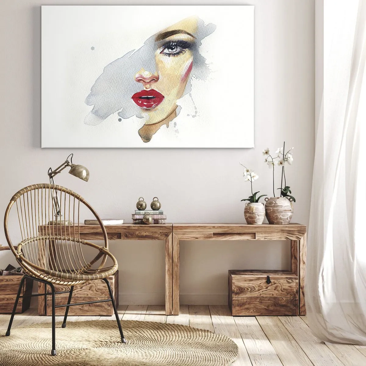 Impression sur toile - Image sur toile - Portrait à l'aquarelle d'une femme au regard intense. - 70x50cm - Reflet dans une goutte d'eau - Décoration murale moderne pour le salon et la chambre ARTTOR