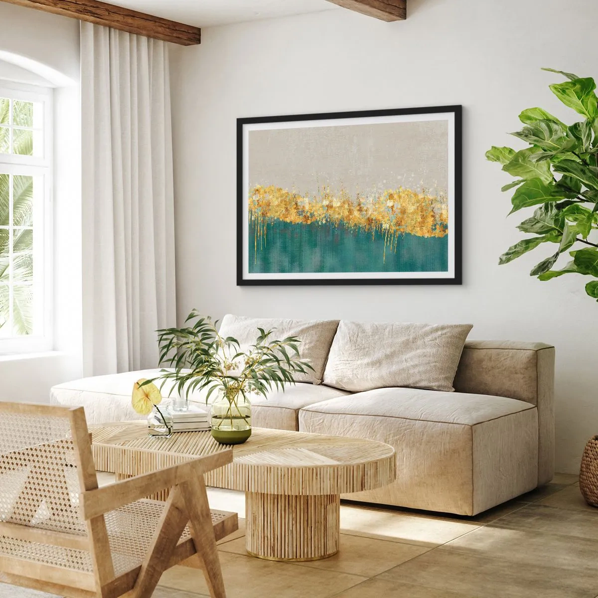 Affiche dans un cadre noir - Poster - Des accents dorés sur un fond vert-beige - 70x50cm - La frontière dorée - Décoration murale moderne pour le salon et la chambre ARTTOR