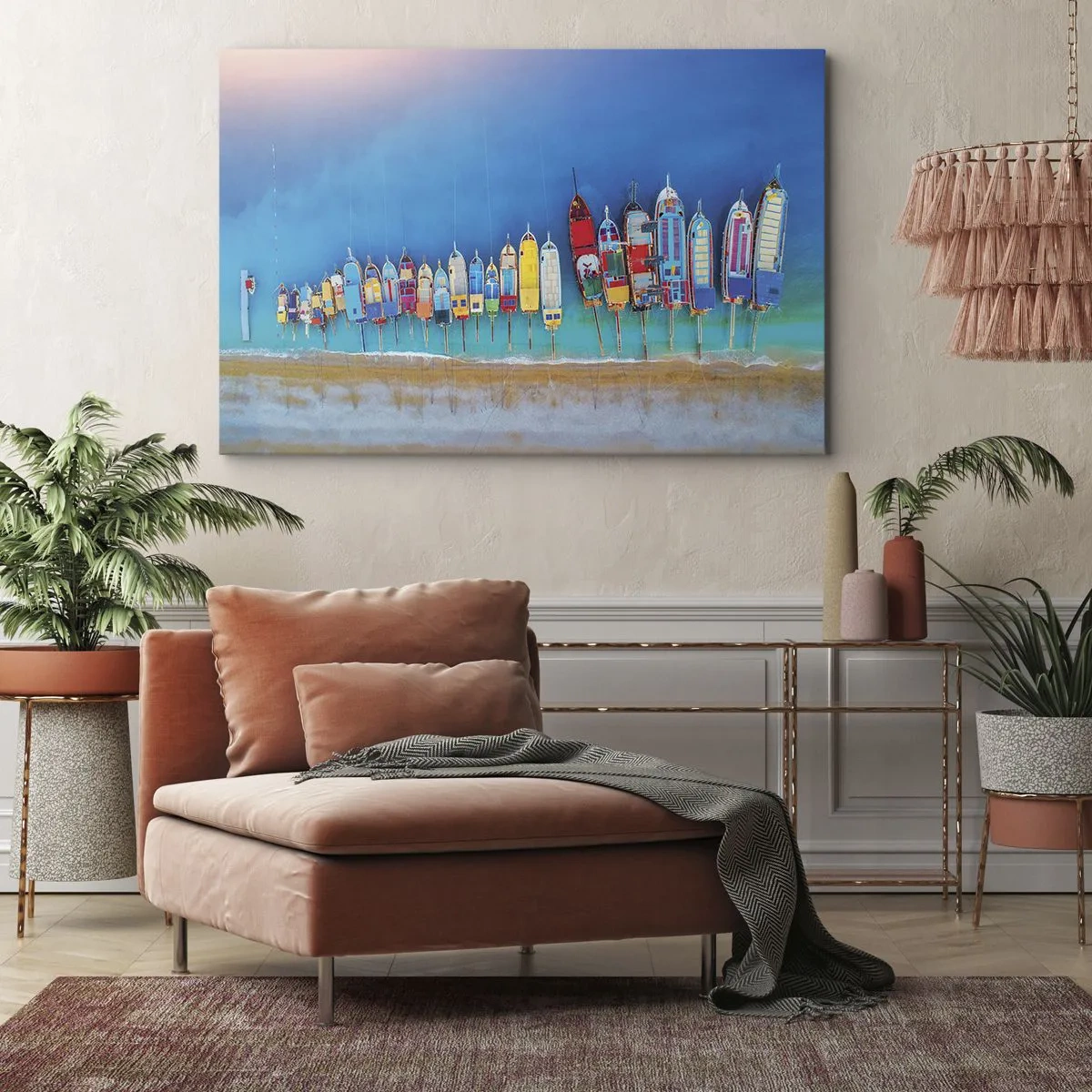 Impression sur toile - Image sur toile - Des bateaux colorés alignés en rangée sur le rivage - 100x70cm - Une vue à vol d'oiseau - Décoration murale moderne pour le salon et la chambre ARTTOR