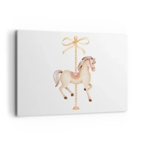 Impression sur toile - Image sur toile - Un cheval de carrousel avec un arc dans des pastels délicats - 120x80cm - Un trot gracieux - Décoration murale moderne pour le salon et la chambre ARTTOR