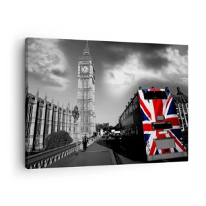 Impression sur toile - Image sur toile - Big Ben et un bus avec un drapeau britannique sur fond noir et blanc - 70x50cm - Fière et grande - Décoration murale moderne pour le salon et la chambre ARTTOR