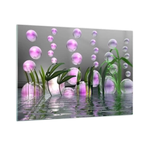 Impression sur verre - Image sur verre - Bulles violettes flottant au-dessus de l'eau avec des plantes - 100x70cm - Une composition réfléchissante de légèreté et de vie - Décoration murale moderne pour le salon et la chambre ARTTOR