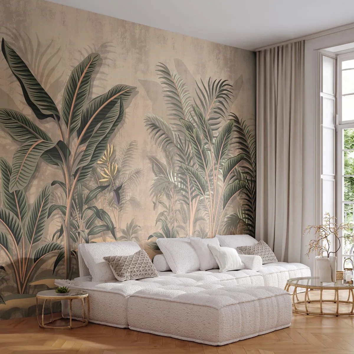 Papier Peint Autocollant Deluxe Sticker - Une gravure de style colonial - Forêt tropicale, Cocotier, Bananier - 250x175 cm