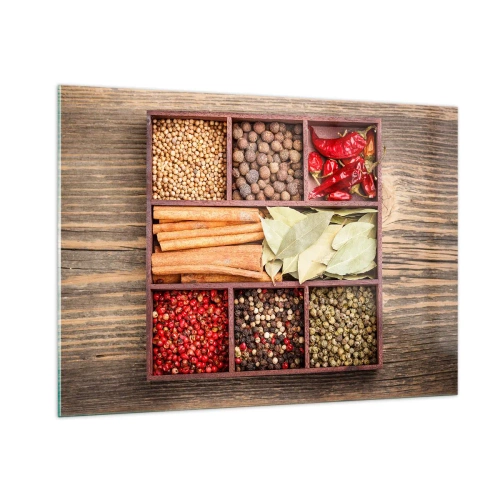 Impression sur verre - Image sur verre - Épices colorées dans des compartiments en bois - 100x70cm - Ordre des formes, bouquet d'arômes - Décoration murale moderne pour le salon et la chambre ARTTOR