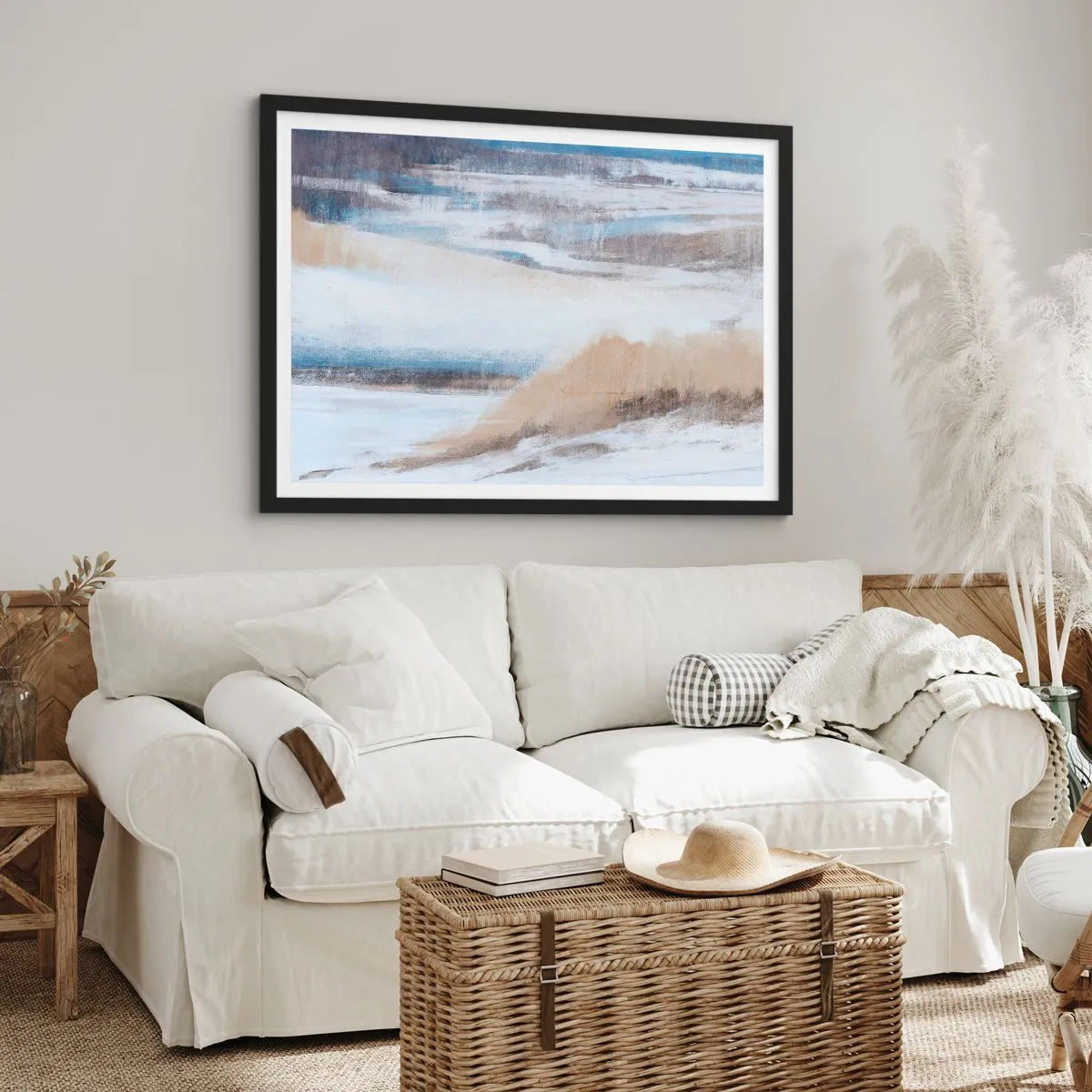 Affiche dans un cadre noir - Poster - Paysage d'hiver abstrait dans les tons de blanc et de bleu - 70x50cm - Composition hivernale - Décoration murale moderne pour le salon et la chambre ARTTOR