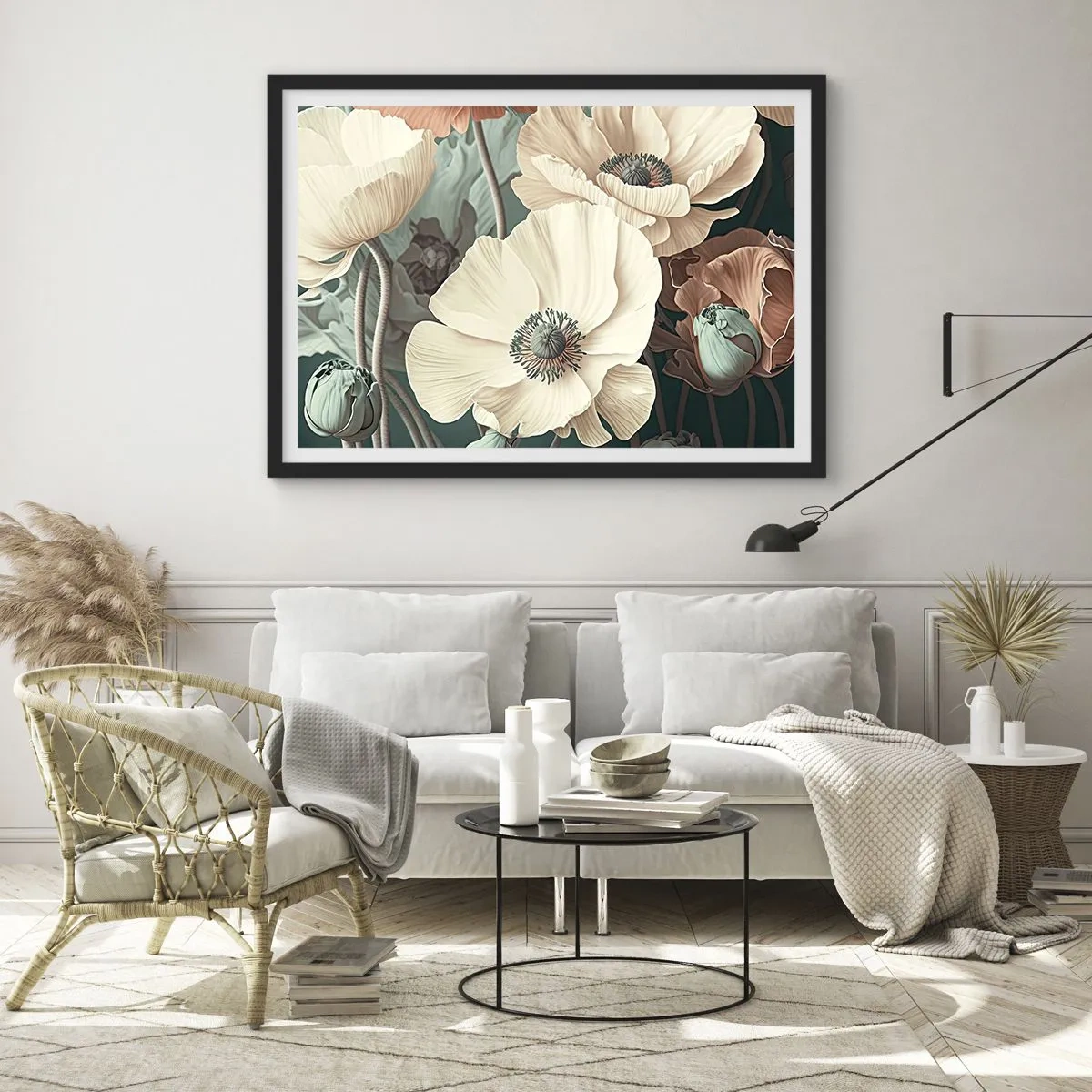 Affiche dans un cadre noir - Poster - Fleurs élégantes aux tons pastel sur fond vert - 70x50cm - Le murmure des coquelicots - Décoration murale moderne pour le salon et la chambre ARTTOR