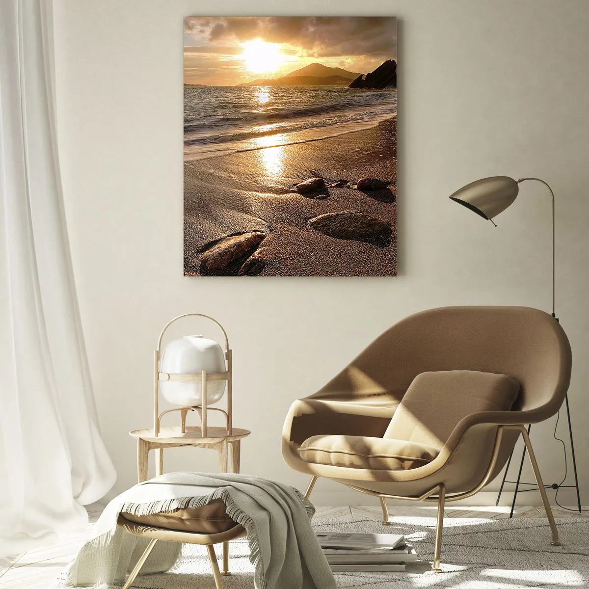 Impression sur verre - Image sur verre - Coucher de soleil sur une plage rocheuse et des collines - 50x70cm - Suivez le soleil sur les collines - Décoration murale moderne pour le salon et la chambre ARTTOR