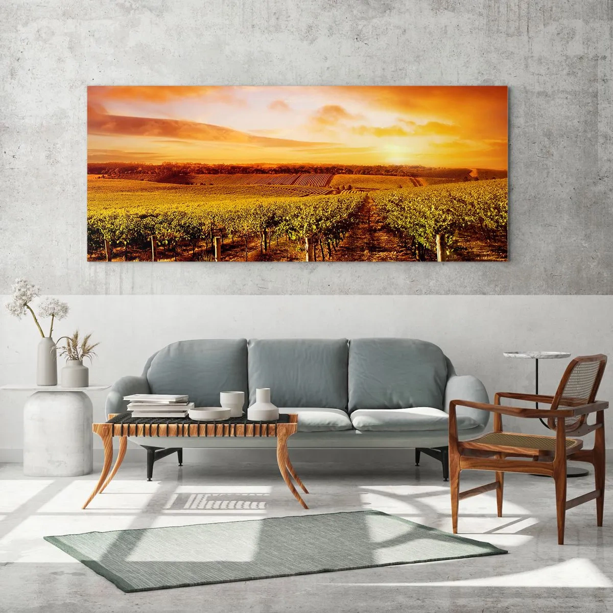 Impression sur verre - Image sur verre - Vignoble au coucher du soleil avec des tons de ciel chauds - 160x50cm - Légèrement fruité avec une pointe de soleil - Décoration murale moderne pour le salon et la chambre ARTTOR