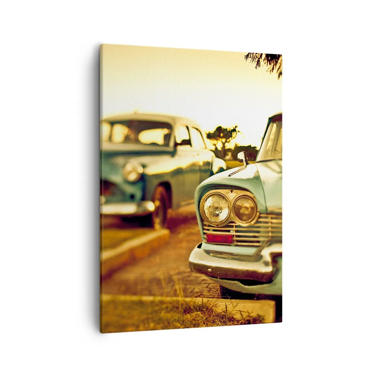 Impression sur toile - Image sur toile - Voitures classiques dans la chaude lumière du coucher du soleil - 50x70cm - Nous attendrons et verrons - Décoration murale moderne pour le salon et la chambre ARTTOR