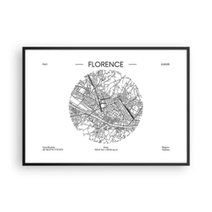 Affiche dans un cadre noir - Poster - Une carte de Florence dans un style minimaliste en noir et blanc - 100x70cm - Anatomie de Florence - Décoration murale moderne pour le salon et la chambre ARTTOR