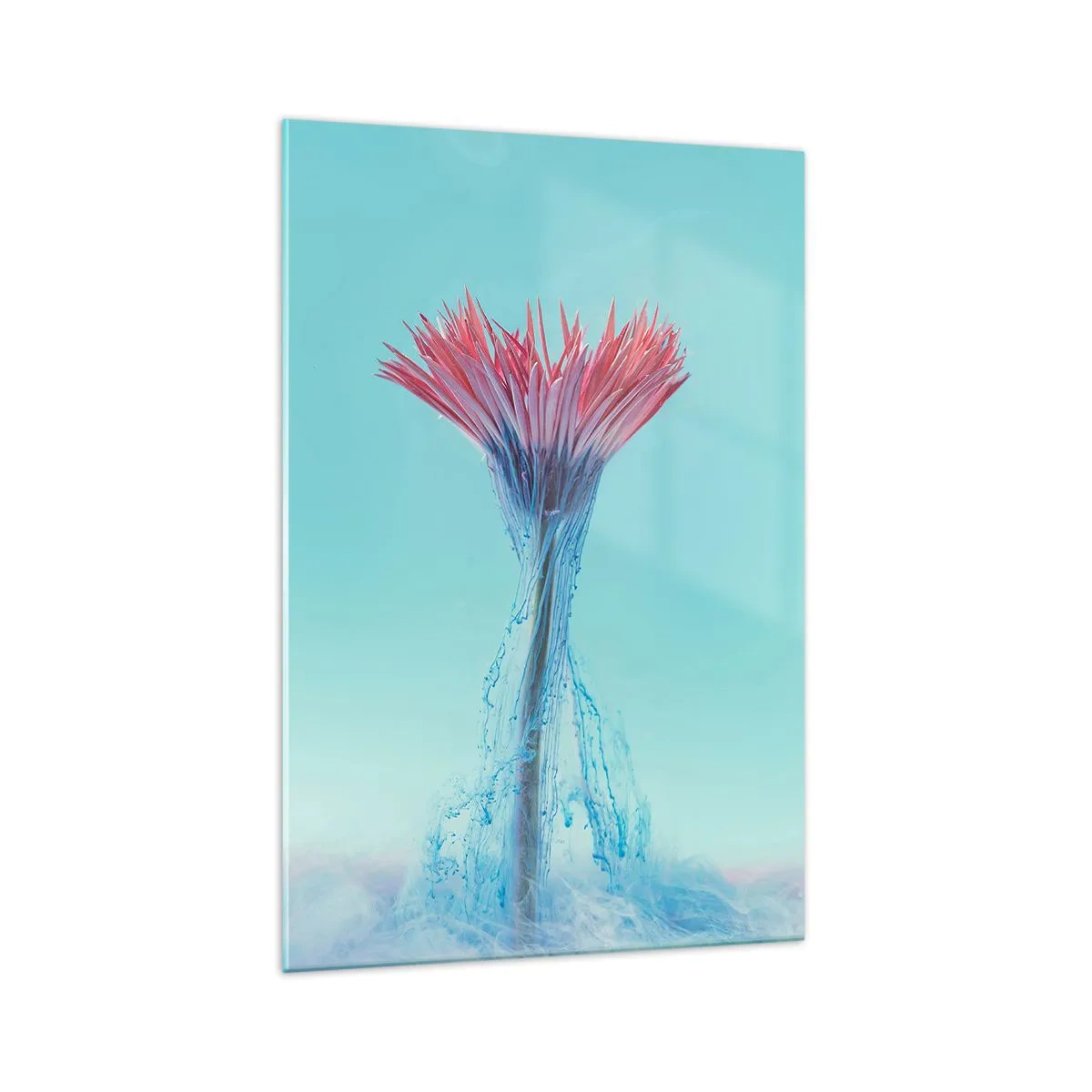 Impression sur verre - Image sur verre - Une fleur rose et bleue dans un arrangement artistique sur un fond pastel - 70x100cm - Dans une étreinte vivifiante - Décoration murale moderne pour le salon et la chambre ARTTOR