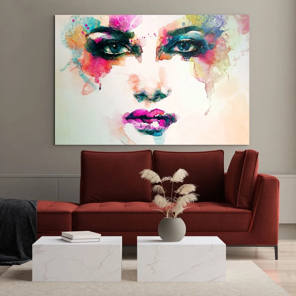 Impression sur verre - Image sur verre - Portrait d'une femme aux couleurs et détails de l'aquarelle - 100x70cm - Un portrait peint avec un arc-en-ciel - Décoration murale moderne pour le salon et la chambre ARTTOR