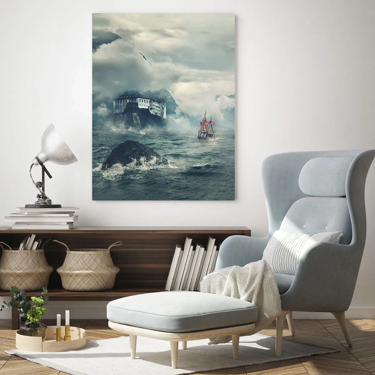 Impression sur verre - Image sur verre - Un navire sur une mer agitée avec un château en arrière-plan - 50x70cm - Dans l'eau magique - Décoration murale moderne pour le salon et la chambre ARTTOR