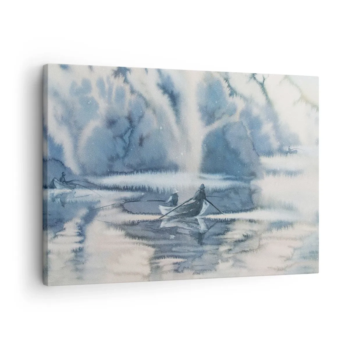 Impression sur toile - Image sur toile - Paysage à l'aquarelle avec des bateaux sur un lac entouré d'une forêt brumeuse - 70x50cm - Les pêcheurs dans leur paradis - Décoration murale moderne pour le salon et la chambre ARTTOR