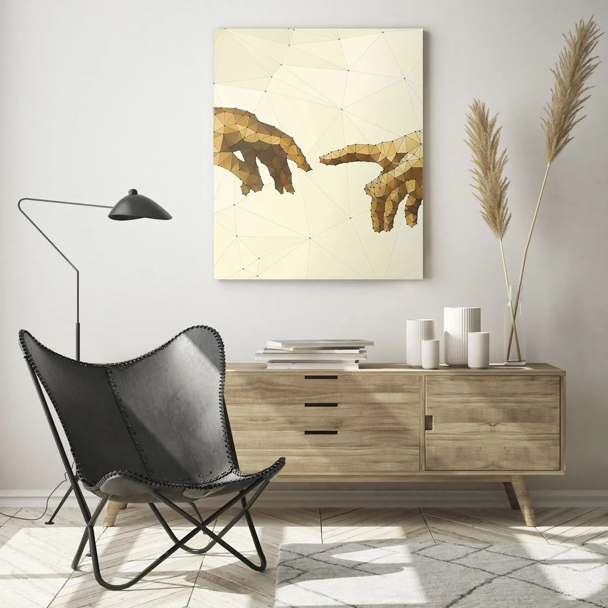 Impression sur verre - Image sur verre - Mains géométriques tendues l'une vers l'autre sur un fond clair - 70x100cm - Géométrie divine - Décoration murale moderne pour le salon et la chambre ARTTOR