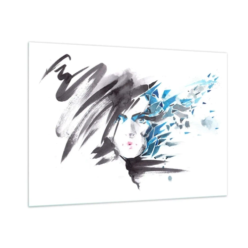 Impression sur verre - Image sur verre - Portrait d'une femme aux accents bleus abstraits - 100x70cm - Portrait sensuel en gris et bleu - Décoration murale moderne pour le salon et la chambre ARTTOR