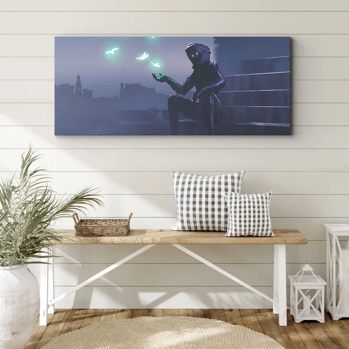 Impression sur toile - Image sur toile - Une silhouette encapuchonnée avec des oiseaux magiques en arrière-plan d'une ville - 160x50cm - La vie reviendra - Décoration murale moderne pour le salon et la chambre ARTTOR