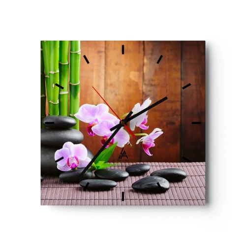 Horloge murale - Pendule murale - Bambou de style zen, pierres et orchidées roses sur fond de bois - 30x30cm - Rencontrez les plaisirs de l'est - Décoration murale moderne pour le salon et la chambre ARTTOR