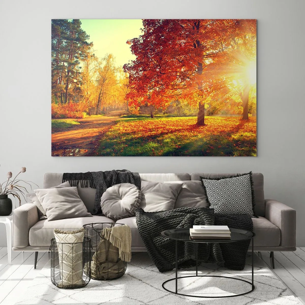 Impression sur verre - Image sur verre - Allée d'automne avec des rayons de soleil - 100x70cm - Le roux est beau - Décoration murale moderne pour le salon et la chambre ARTTOR