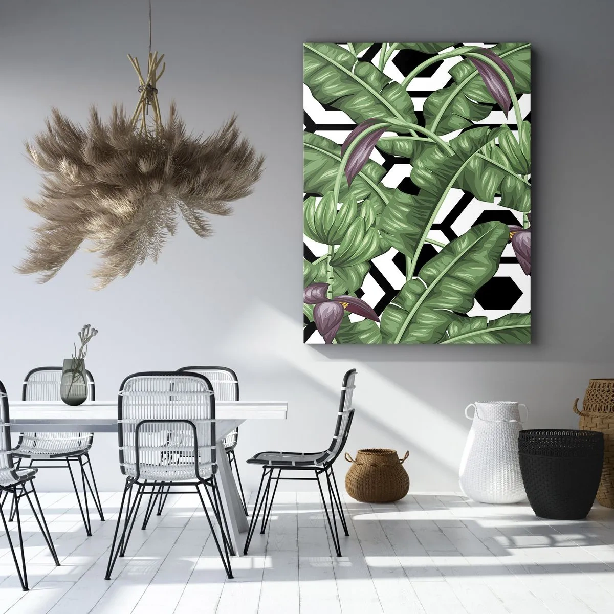 Impression sur toile - Image sur toile - Feuilles tropicales sur fond géométrique - 50x70cm - Une composition symétrique par nature - Décoration murale moderne pour le salon et la chambre ARTTOR