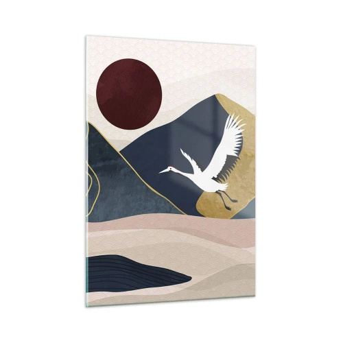 Impression sur verre - Image sur verre - Deux grues survolant un paysage vallonné avec un soleil rouge. - 50x70cm - Encore une fois, la journée s'est ÉCOULÉE - Décoration murale moderne pour le salon et la chambre ARTTOR