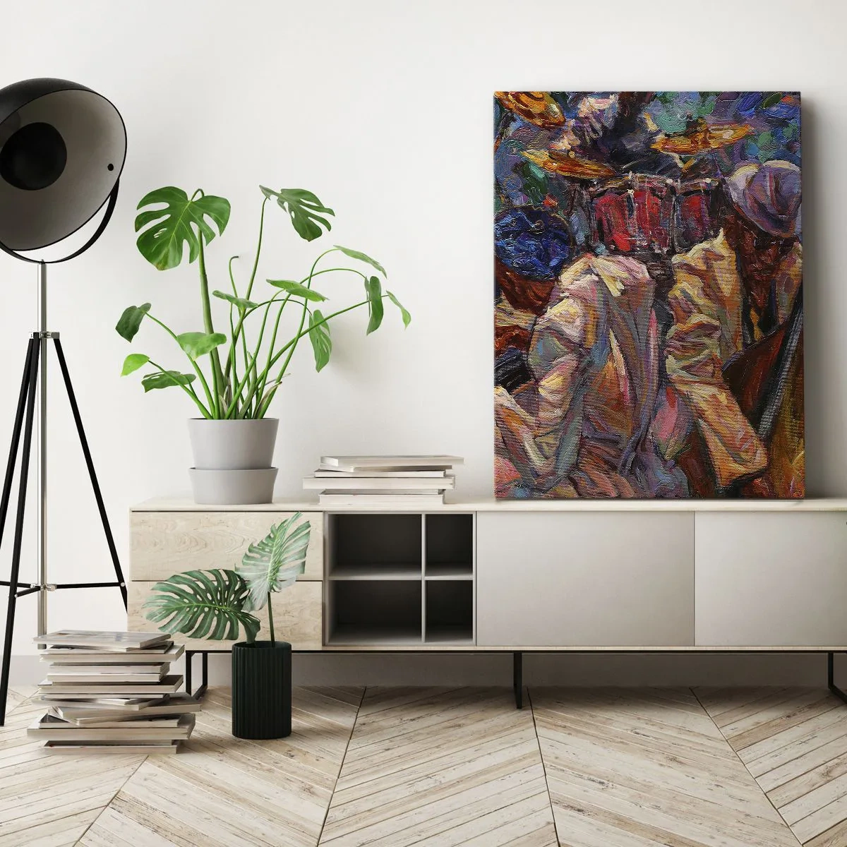 Impression sur toile - Image sur toile - Scène de jazz énergique avec musiciens et instruments - 50x70cm - Dans le même tempo - Décoration murale moderne pour le salon et la chambre ARTTOR