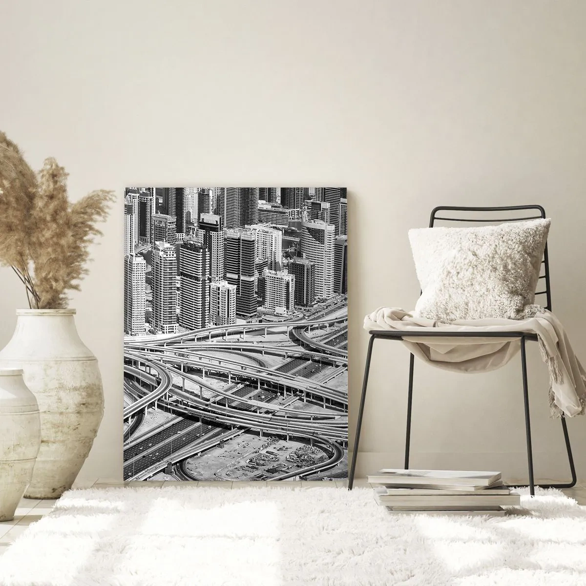 Impression sur verre - Image sur verre - Panorama noir et blanc de la ville avec un carrefour autoroutier - 50x70cm - Dubaï - la ville impossible - Décoration murale moderne pour le salon et la chambre ARTTOR