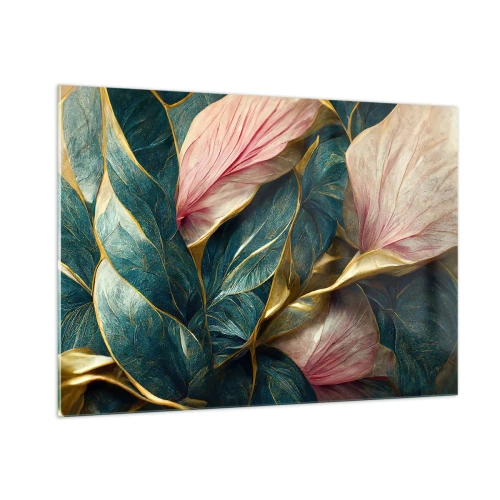 Impression sur verre - Image sur verre - Feuilles vertes et roses avec des accents dorés - 100x70cm - Élégance et style naturels - Décoration murale moderne pour le salon et la chambre ARTTOR