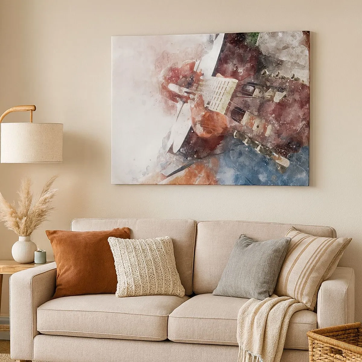 Impression sur toile - Image sur toile - Une interprétation artistique d'une guitare dans un style aquarelle - 70x50cm - Et qu'en pensez-vous ? - Décoration murale moderne pour le salon et la chambre ARTTOR