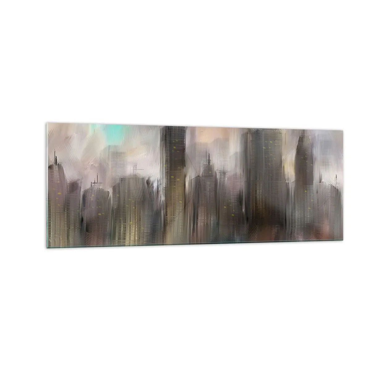 Impression sur verre - Image sur verre - Une vision artistique d'un paysage urbain avec des gratte-ciels aux couleurs pastel. - 140x50cm - Une composition d'acier, de pierre et de brouillard - Décoration murale moderne pour le salon et la chambre ARTTOR