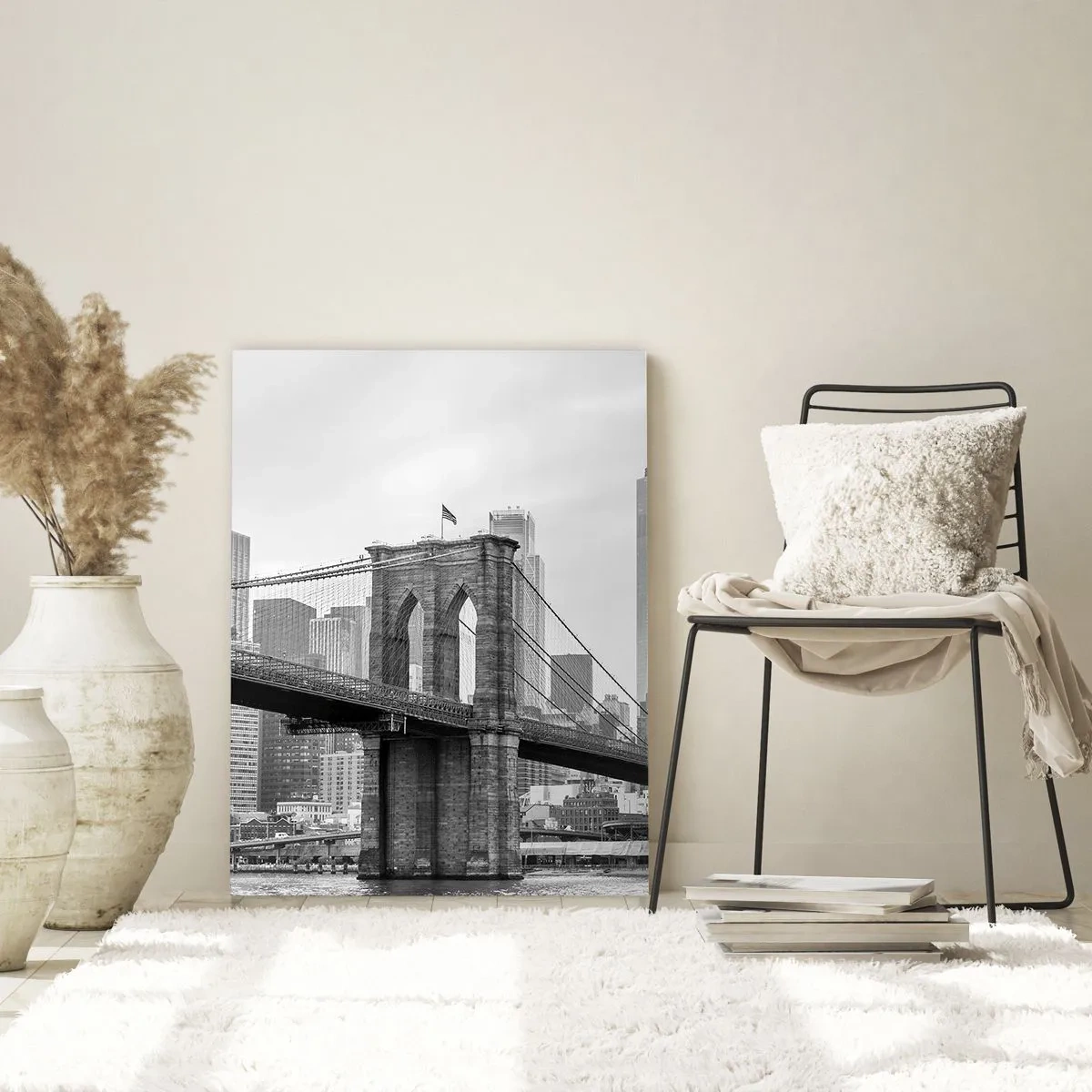 Impression sur verre - Image sur verre - Photographie en noir et blanc d'un pont et d'un paysage urbain - 50x70cm - Climat New-Yorkais - Décoration murale moderne pour le salon et la chambre ARTTOR