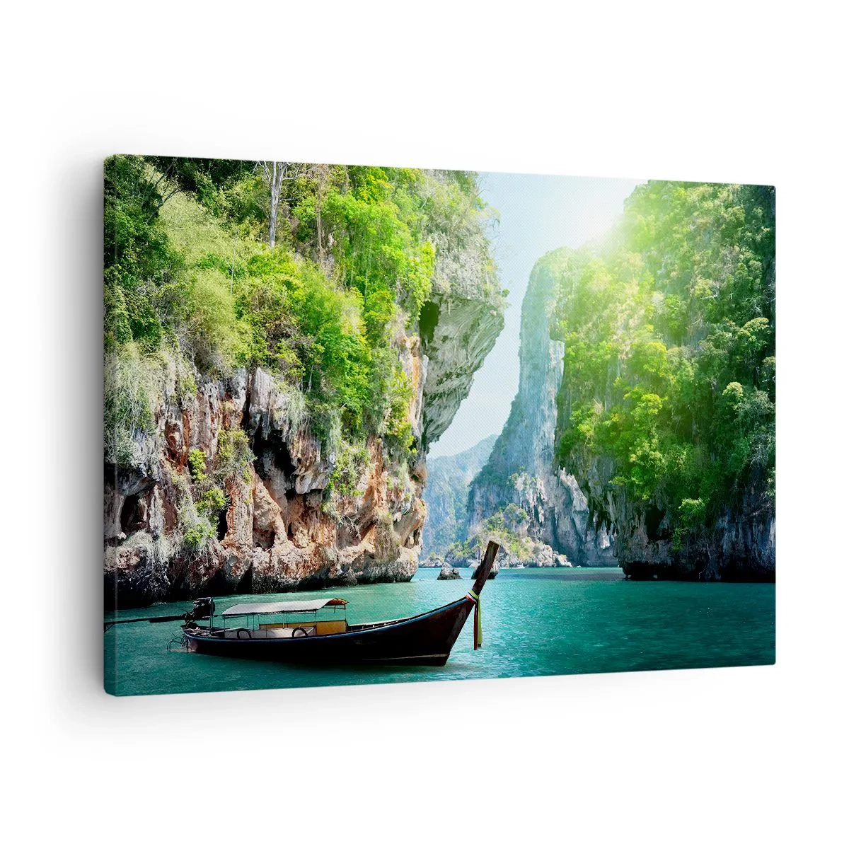 Impression sur toile - Image sur toile - Un bateau traditionnel sur fond de falaises tropicales et d'eaux turquoises - 70x50cm - Une invitation à un voyage exotique - Décoration murale moderne pour le salon et la chambre ARTTOR