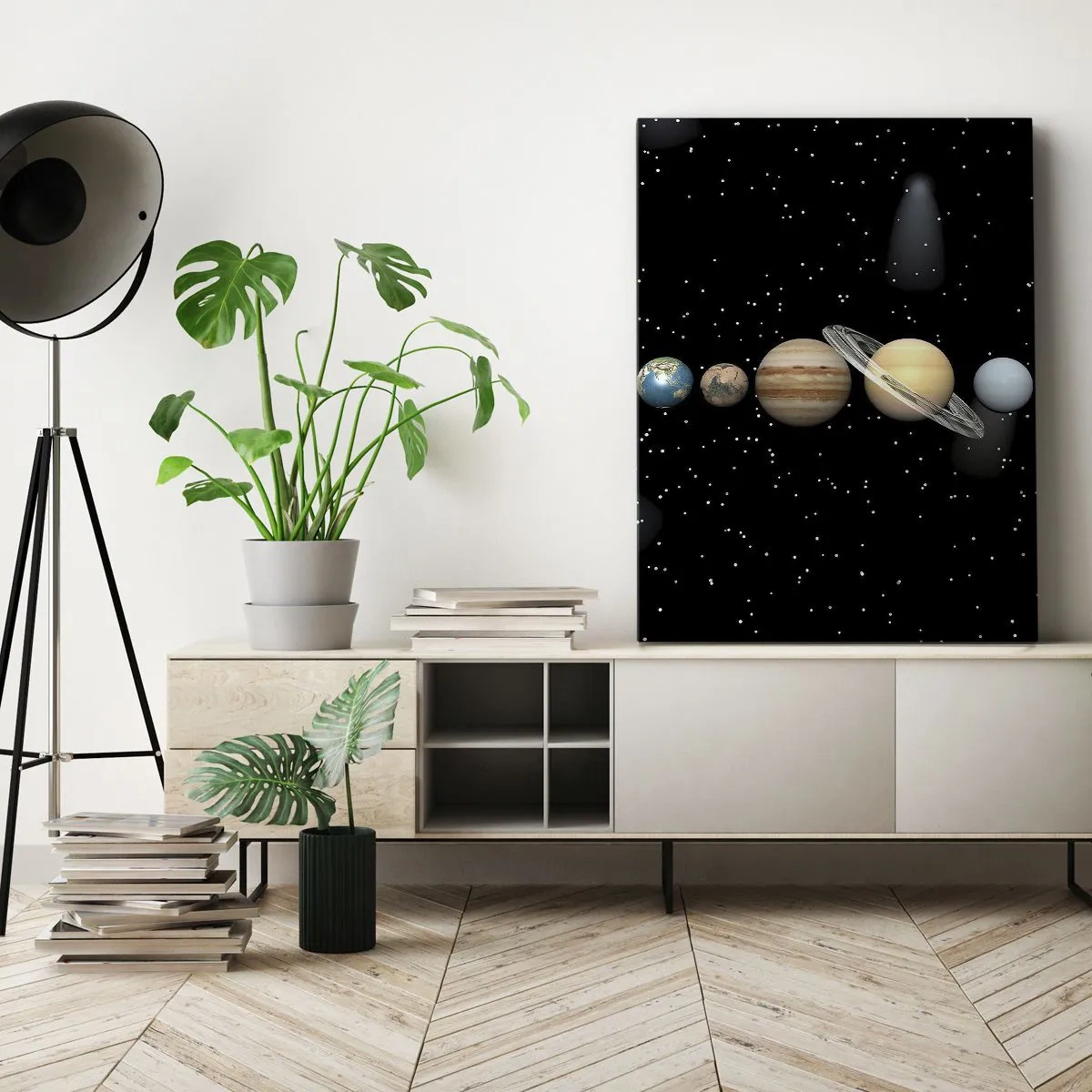 Impression sur toile - Image sur toile - Le système solaire avec des planètes sur fond d'étoiles dans l'espace - 70x100cm - Et les planètes sont folles, sont folles... - Décoration murale moderne pour le salon et la chambre ARTTOR