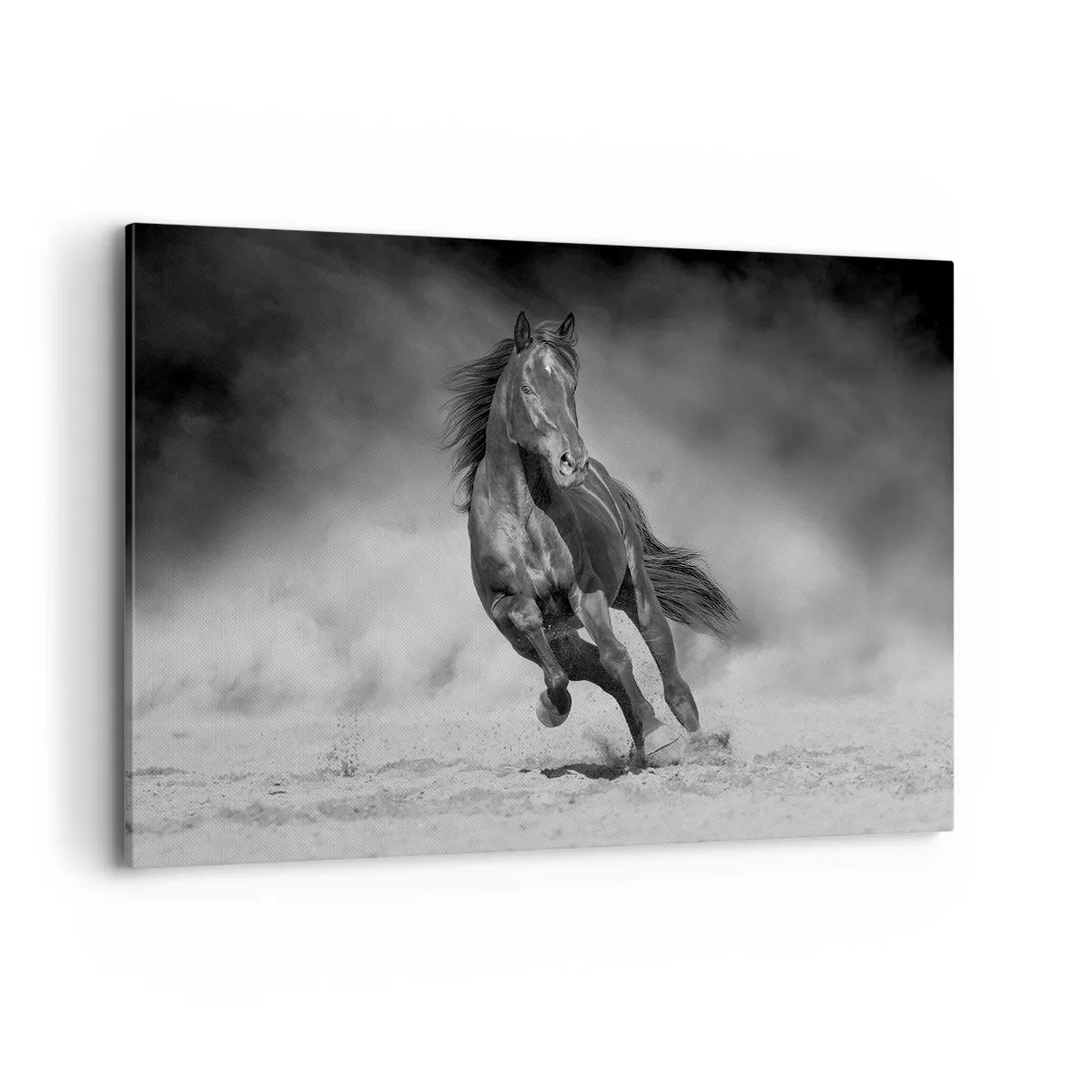 Impression sur toile - Image sur toile - Un cheval noir et blanc galopant sur le sable - 120x80cm - Digne de l'émir lui-même - Décoration murale moderne pour le salon et la chambre ARTTOR