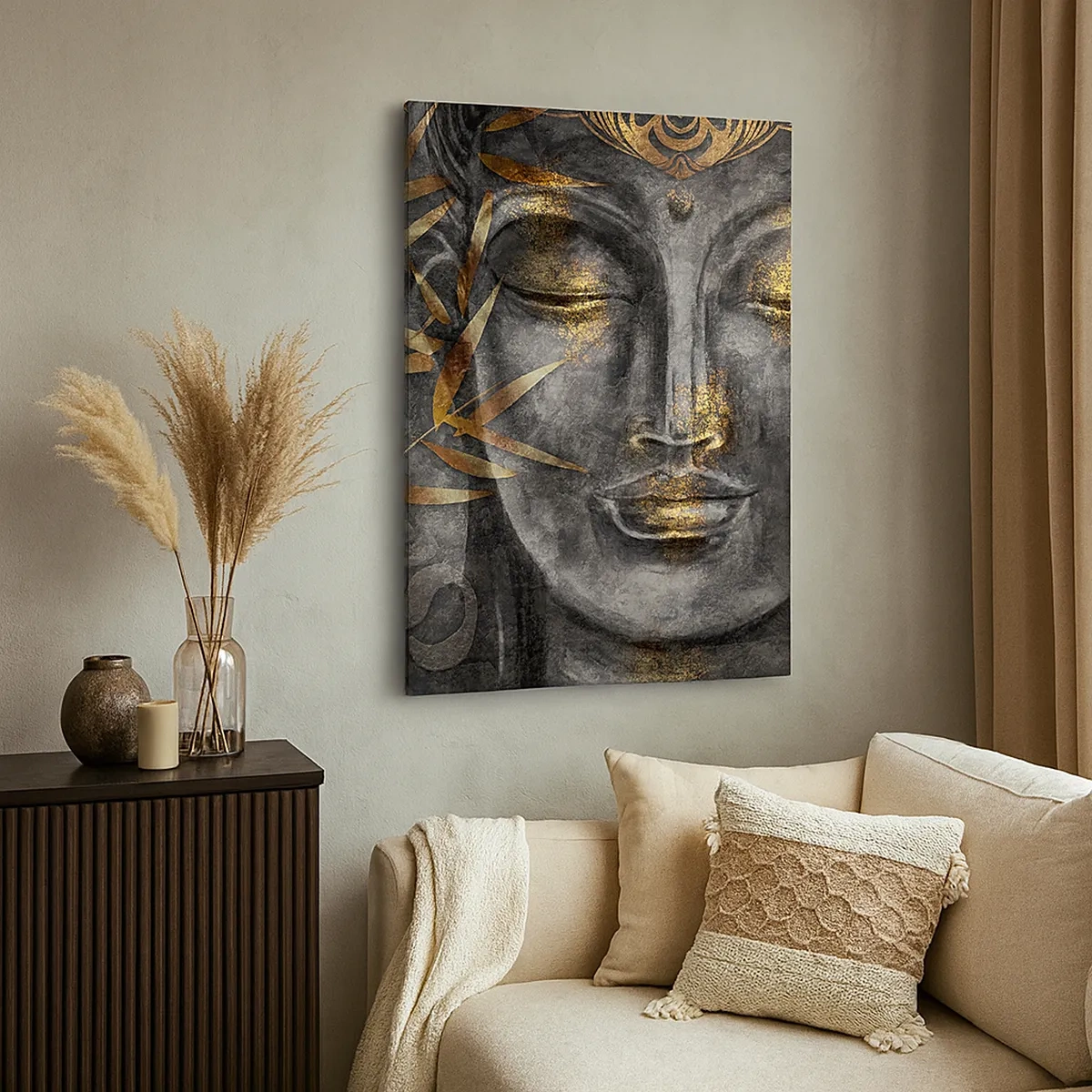 Impression sur toile - Image sur toile - Image de Bouddha zen avec des bambous dorés - 50x70cm - Ressentir le calme - Décoration murale moderne pour le salon et la chambre ARTTOR