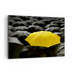 Impression sur toile - Image sur toile - Un parapluie jaune parmi des parapluies noirs - 100x70cm - Adieu chagrin - Décoration murale moderne pour le salon et la chambre ARTTOR