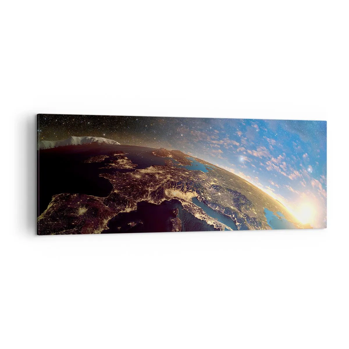Impression sur toile - Image sur toile - Vue de la Terre depuis l'espace au lever du soleil - 140x50cm - Regardons-nous de loin - Décoration murale moderne pour le salon et la chambre ARTTOR