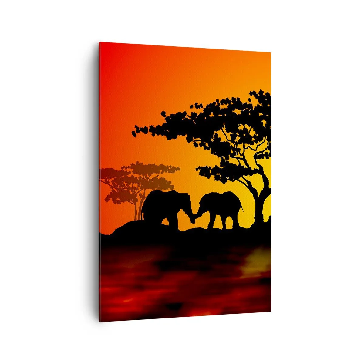 Impression sur toile - Image sur toile - Coucher de soleil africain avec des silhouettes d'éléphants et de girafes au-dessus de l'eau - 70x100cm - Rencontre dans la savane - Décoration murale moderne pour le salon et la chambre ARTTOR