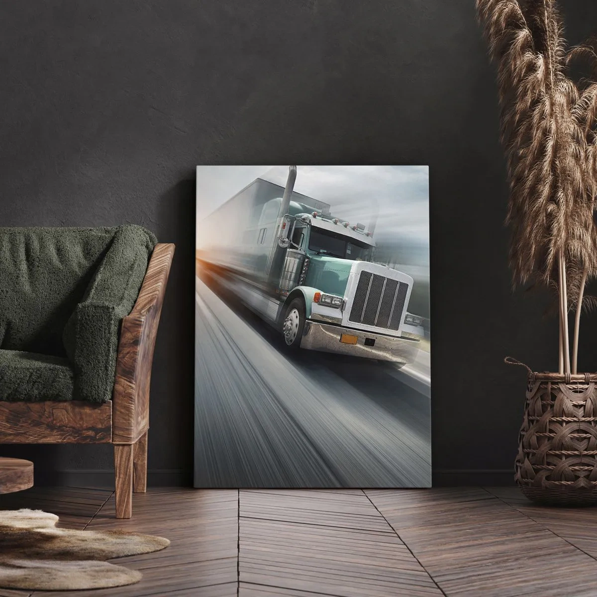 Impression sur toile - Image sur toile - Un camion sur l'autoroute en mouvement au coucher du soleil - 80x120cm - Le géant américain est en fuite - Décoration murale moderne pour le salon et la chambre ARTTOR
